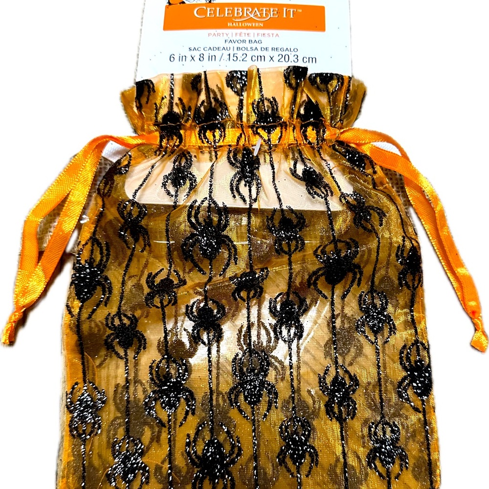 SET of 3 6x8” CELEBRATE IT ORANGE  BLACK ORGANZA SPIDER HALLOWEEN SCARY GIFT BAG